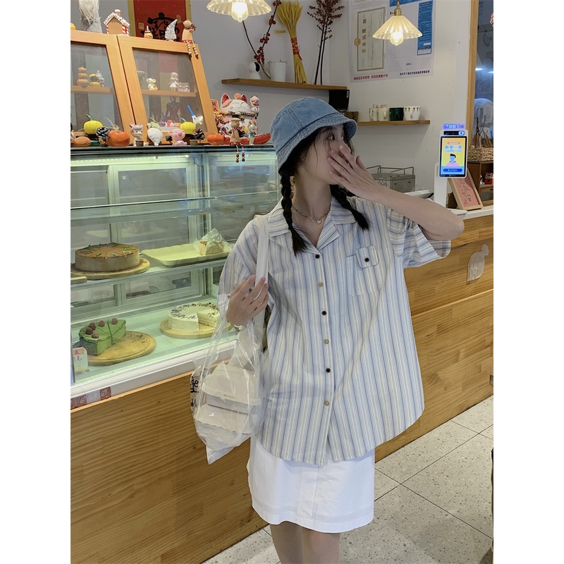Áo Sơ Mi Tay Ngắn Dáng Rộng Họa Tiết Kẻ Sọc Phong Cách Hàn Quốc Thời Trang Mùa Hè Cho