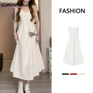 Sugemiusi Váy Dài Hai Dây Eo Hẹp Màu Trắng Phong Cách Kỳ Nghỉ