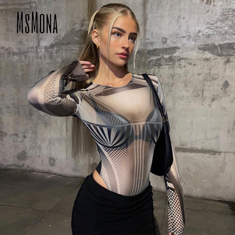 Bộ Áo Liền Quần Cổ Tròn Tay Dài Xuyên Thấu Phối Màu Tương Phản Thời Trang 2023 Cho Nữ