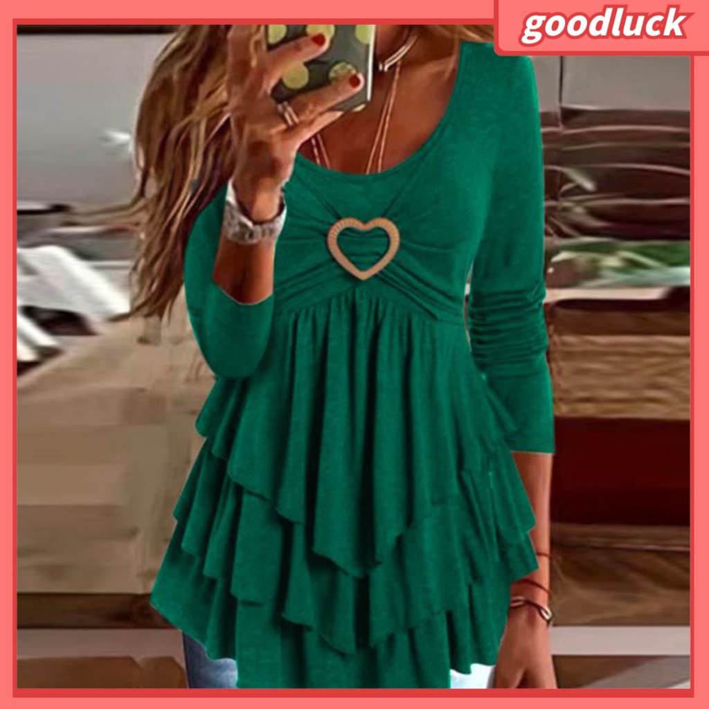 [ULK] Áo Chui Đầu Tay Dài Cổ Xếp Tầng Mini Màu Trơn Ngọt Ngào Viền Bánh Vòng Trái Tim