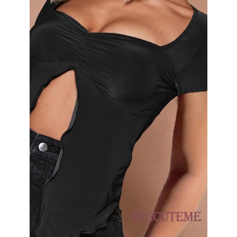 [] Áo Thun Ngắn Tay Xẻ Tà Màu Đen Trơn Đơn Giản Cho Nữ