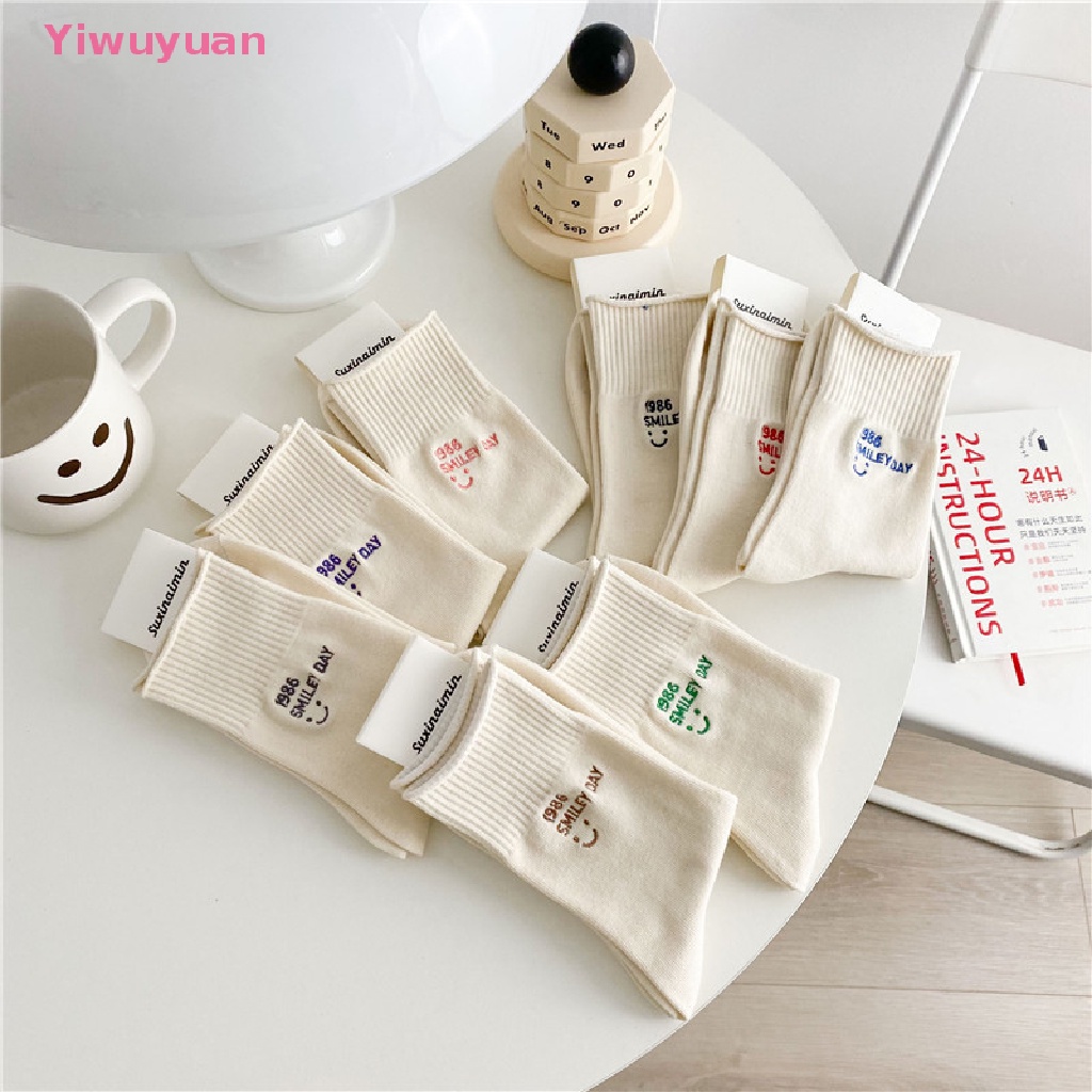 < Yiwuyuan > Vớ Ống Lửng Thêu Hình Mặt Cười Phong Cách Đại Học Janpaese Màu Trắng Mùa Xuân Mới