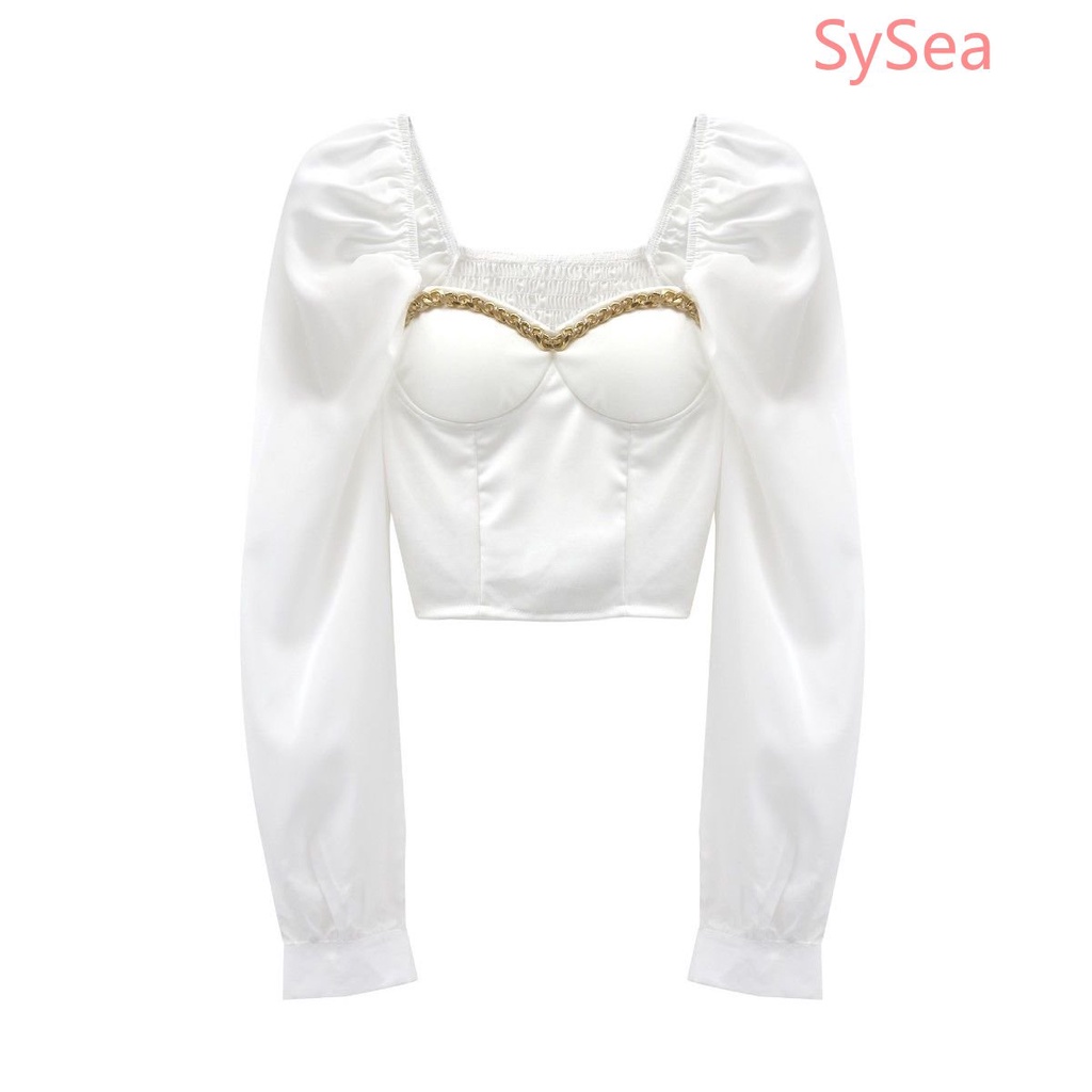 Áo Kiểu Tay Phồng Cổ Vuông Phối Dây Xích Phong Cách Hàn Quốc