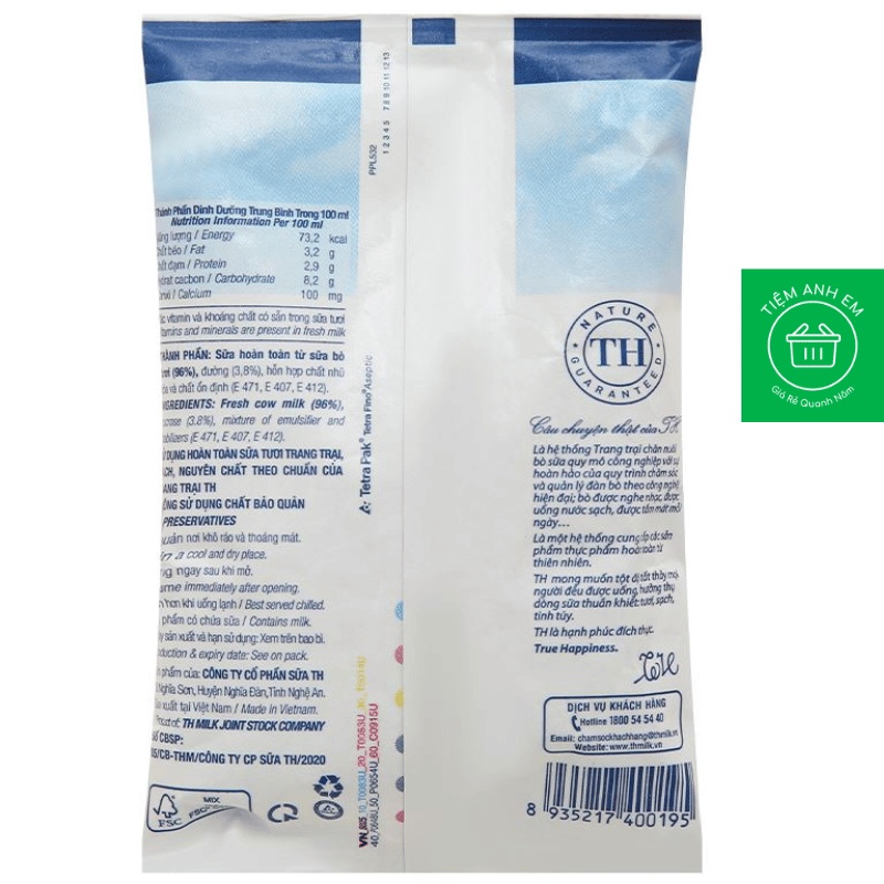 Sữa tươi tiệt trùng có đường TH true MILK bịch 220ml
