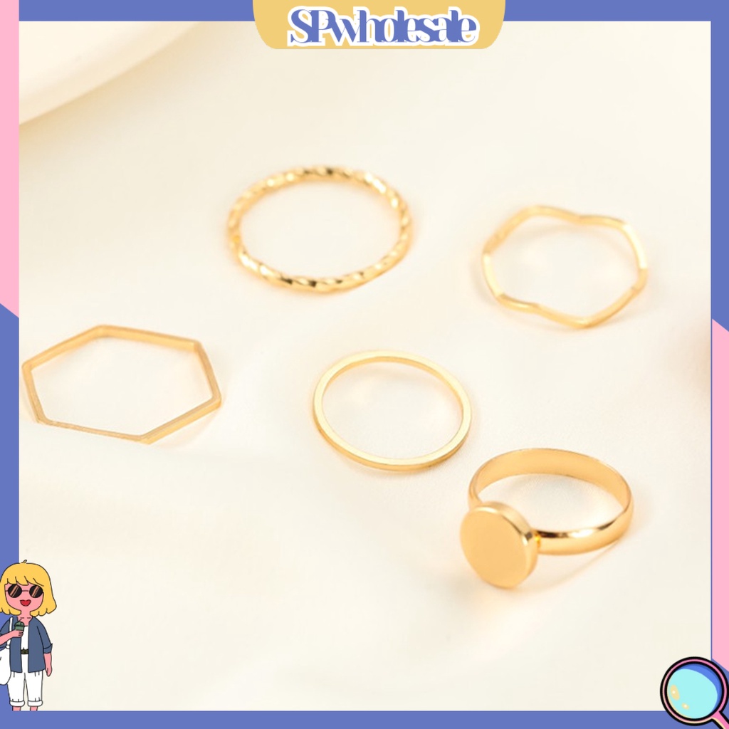 <SPwholesale> Bộ 5 Nhẫn Hợp Kim Mỏng Đính Đá Lấp Lánh Thời Trang Cho Nữ