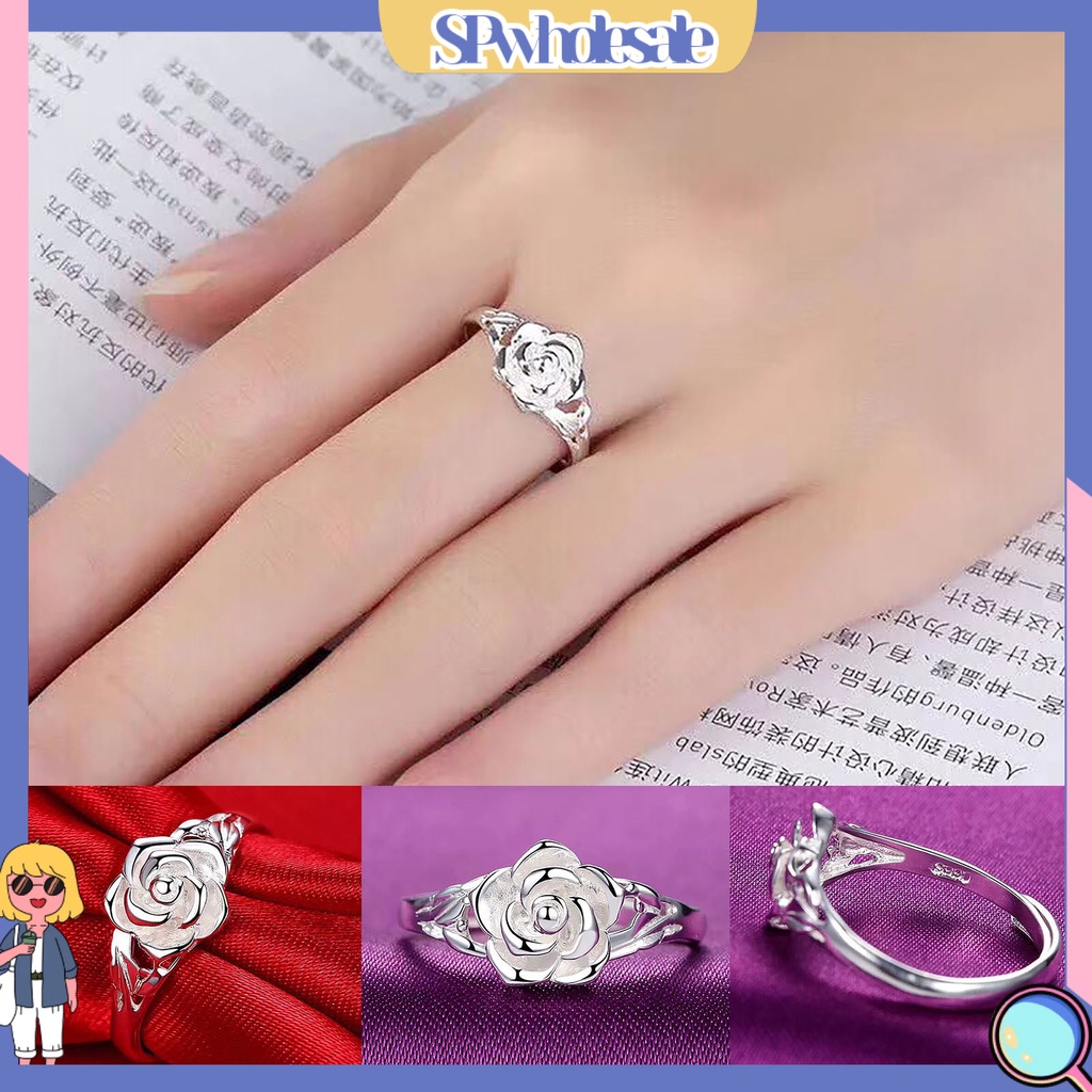 <SPwholesale> Nhẫn Đính Hôn Bằng Đồng Mạ Bạc Khắc Họa Tiết Hoa Hồng Màu Sắc Cổ Điển Dành Cho Nữ