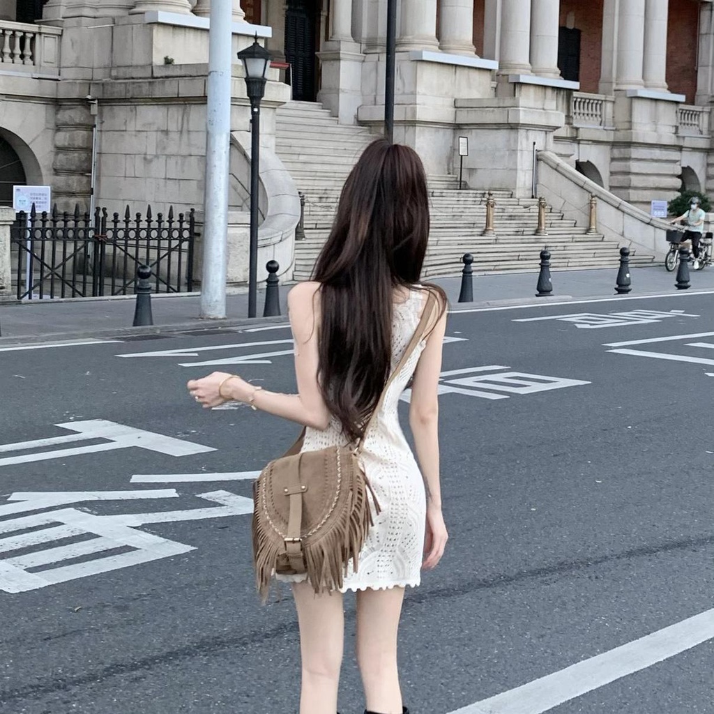 Đầm Hai Dây Dệt Kim Ôm Dáng Thiết Kế Rỗng Gợi Cảm Cho Nữ
