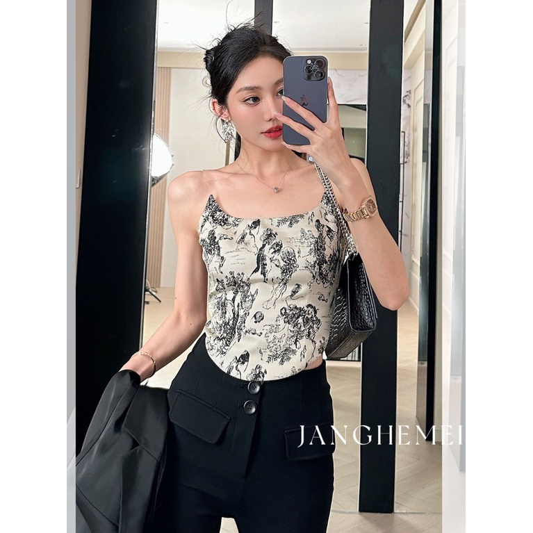 Áo Hai Dây Dáng Ôm In Họa Tiết Màu Hồng Thời Trang Mùa Hè Hàn Quốc 2023 Cho Bạn Gái