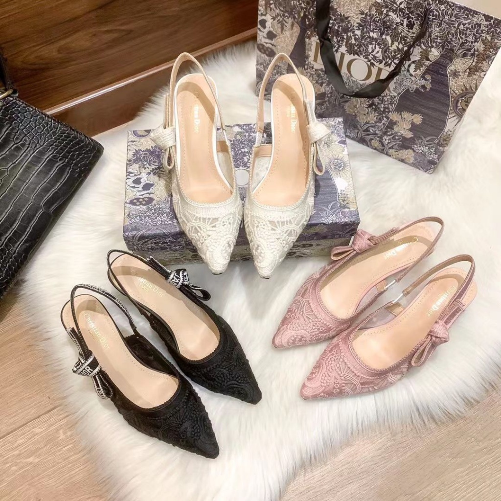 FTQX DIOR 2023 new lace cat heel women's shoes fashion trend all-Match pointed rear empty heel shoes