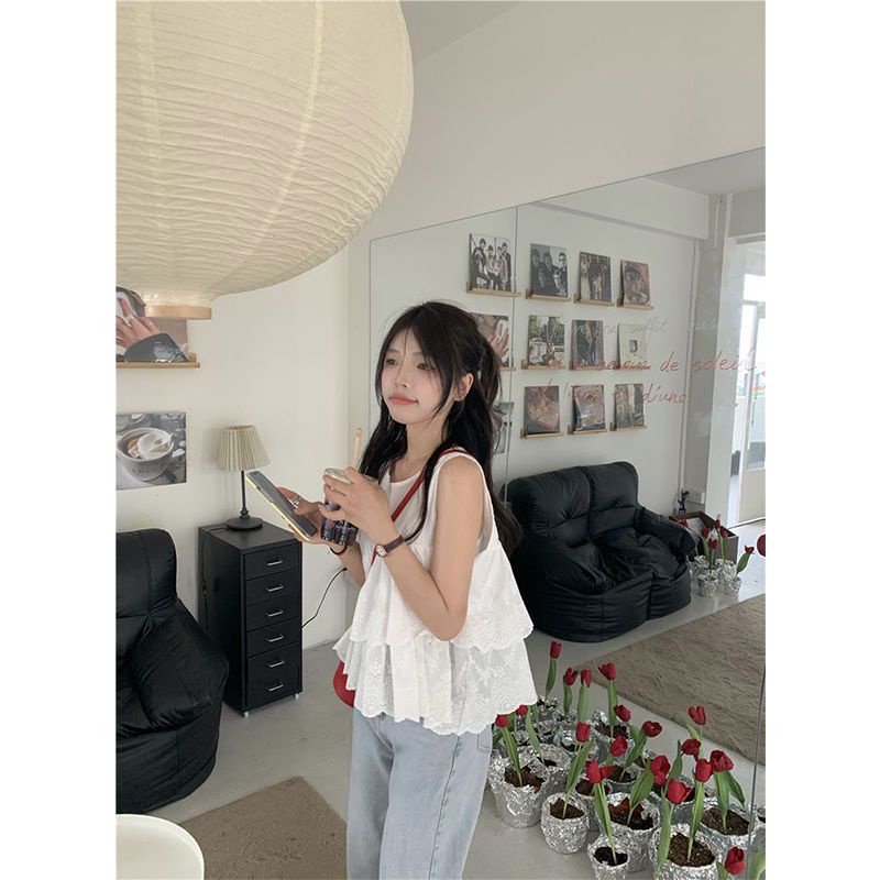Áo Hai Dây Phối Ren Màu Trắng Thời Trang Mùa Hè Xinh Xắn Cho Nữ