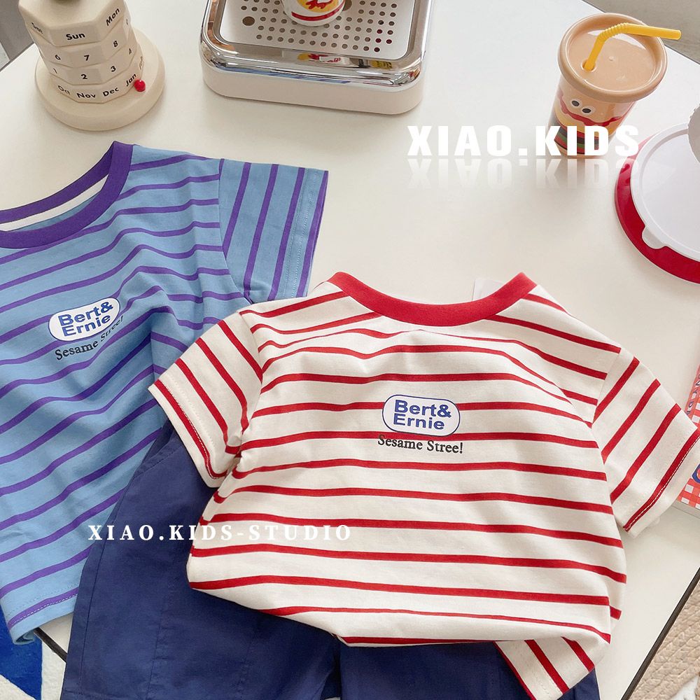 Áo Thun Cotton Tay Ngắn Cổ Tròn Họa Tiết Kẻ Sọc Thời Trang Mùa Hè Cho Bé