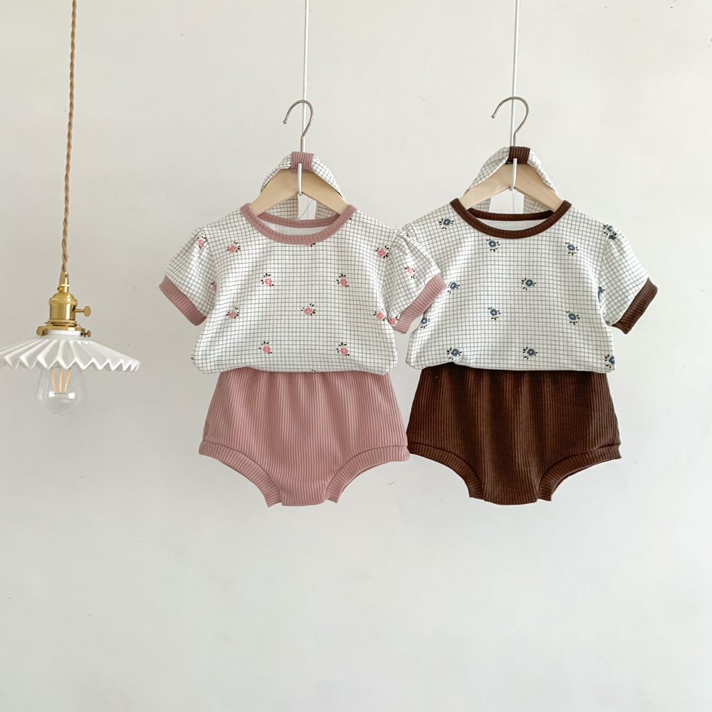 Bộ Áo Liền Quần Ngắn Tay Cổ Tròn In Hoa Nhỏ Thời Trang Mùa Hè Phong Cách Hàn Quốc Cho Bé Gái