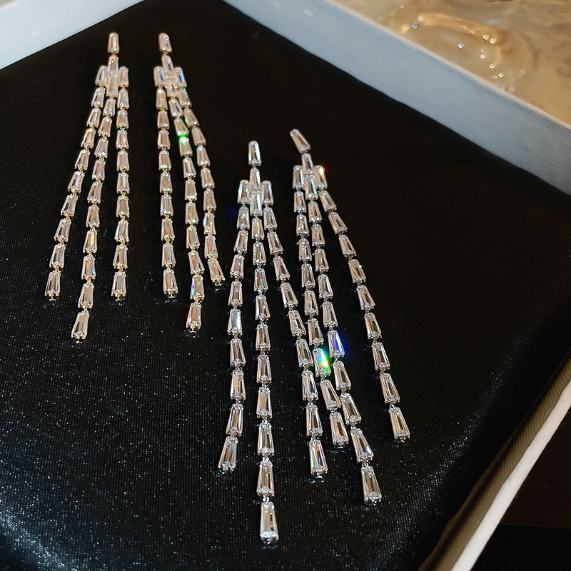 Bông Tai Mạ Bạc 925 Dáng Dài Đính Đá Zircon Phong Cách Hàn Quốc