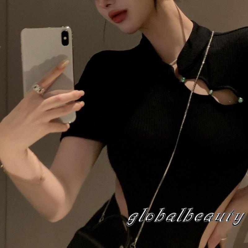 Áo Liền Quần Ngắn Tay Cổ Đứng Khoét Lỗ Cắt Eo Phối Nút Thời Trang Cho Nữ