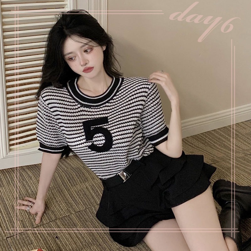 Áo Thun Tay Ngắn Họa Tiết Sọc Ngang Phong Cách Hàn Quốc Dành Cho Nữ