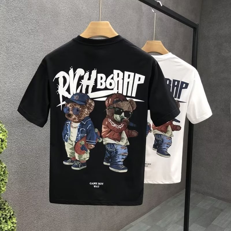 Áo Thun Cotton Ngắn Tay Cổ Tròn In Họa Tiết Hoạt Hình Phong Cách Hàn Quốc Cho Nam Cỡ S-5XL