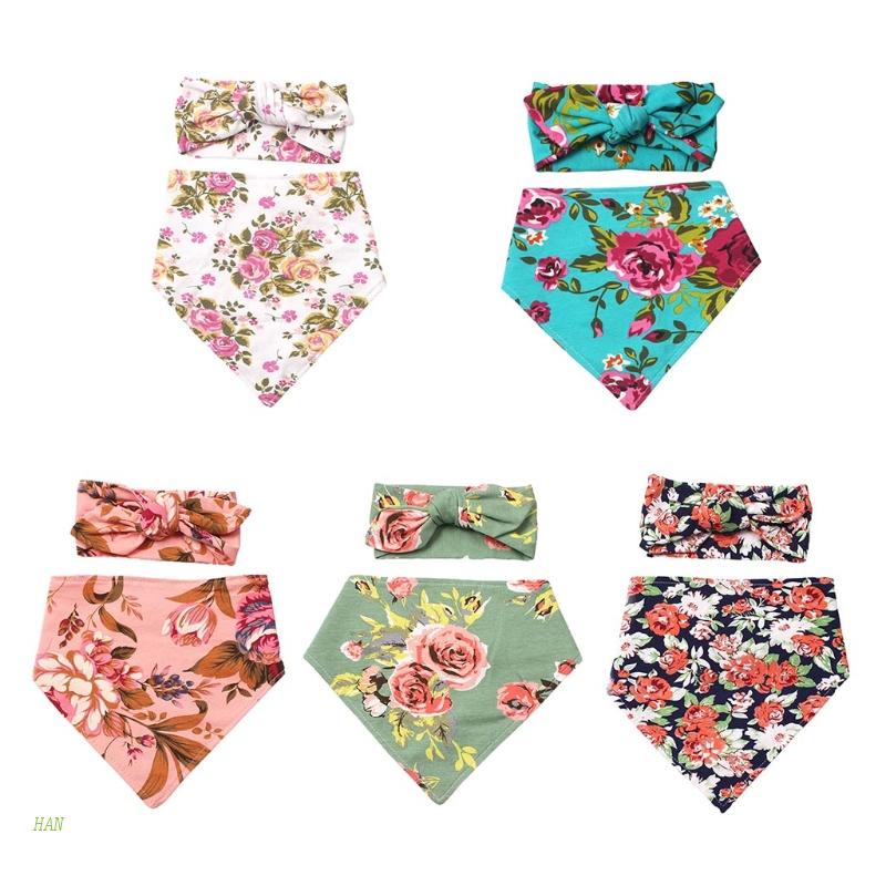 Set 2 Yếm Ăn Và Băng Đô Họa Tiết Hoa Xinh Xắn Cho Bé