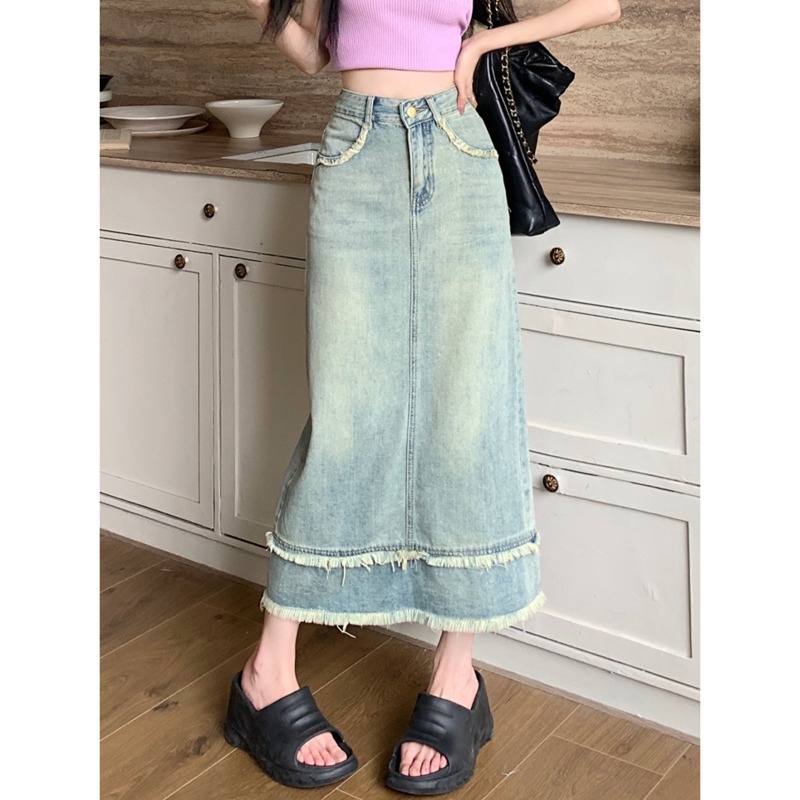 Chân Váy Denim Dài Dáng Chữ a Lưng RENJIANVSHENG Cao Thiết Kế Trẻ Trung Cho Nữ