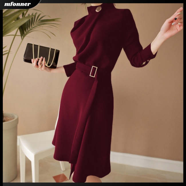 Đầm Midi Tay Dài Cổ Tròn Màu Trơn Cài Nút Thời Trang Cho Nữ