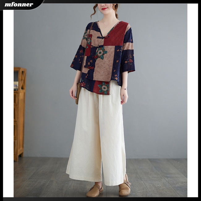 Áo Sơ Mi Vải Lanh Cotton Tay Lửng Dáng Rộng Cổ Chữ V In Họa Tiết Dân Tộc Thời Trang Mùa Hè Cho Nữ