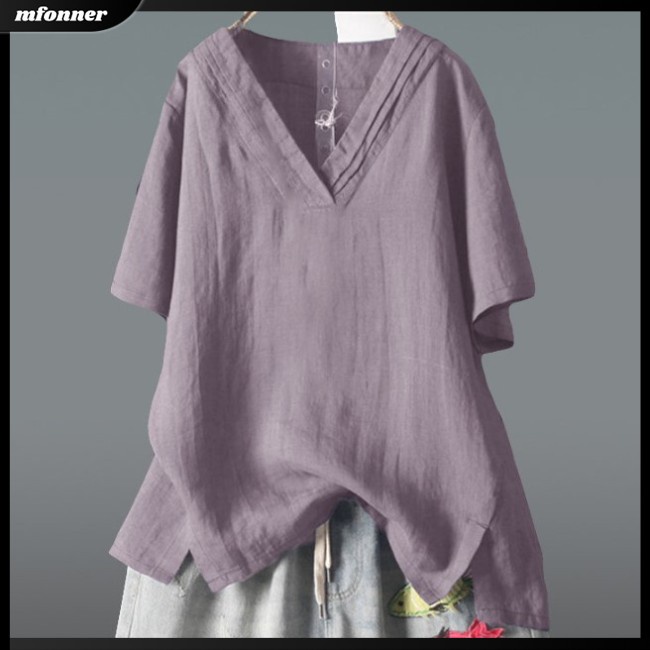 Áo Sơ Mi Cotton Lanh Tay Ngắn Dáng Rộng Cổ Chữ V Nhiều Màu Sắc Thời Trang Mùa Hè Cho Nữ