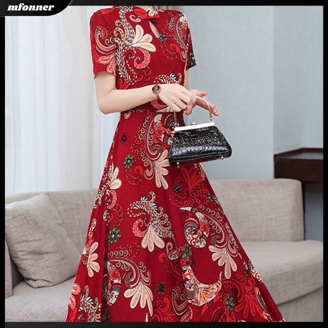 Đầm Tay Ngắn Cổ Đứng Eo Cao In Họa Tiết Cổ Điển Dành Cho Nữ