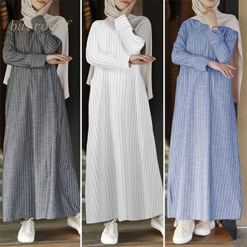 Đầm Maxi Chữ A Tay Dài Bằng Vải Lanh Cotton In Họa Tiết Sọc Phong Cách Abaya Thổ Nhĩ Kỳ Dành Cho Nữ