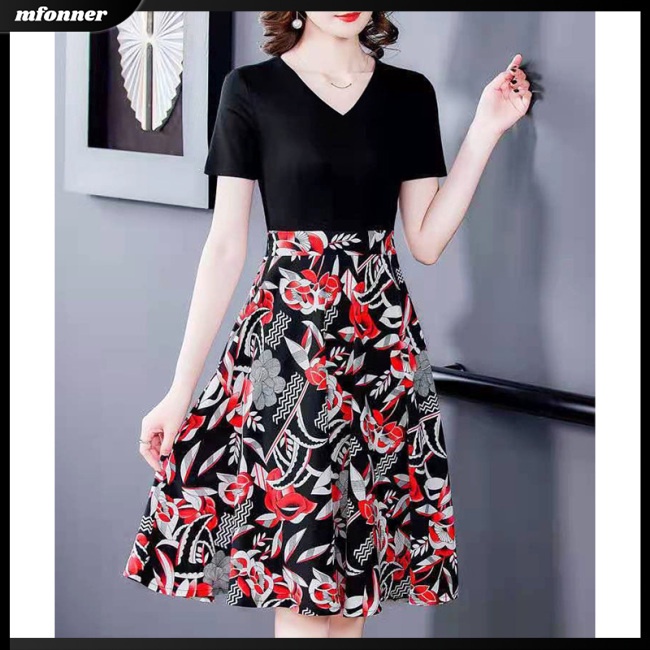 Đầm Midi Giả Hai Mảnh Áo Tay Ngắn Cổ Chữ V In Hoa Phối Chân Váy Chữ A Lưng Cao Thời Trang Mùa Hè Cho Bạn Gái