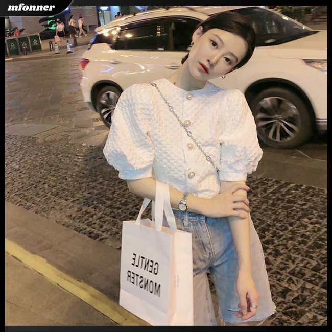 Áo Croptop Tay Phồng Ngắn Màu Trơn Dễ Thương Cho Nữ