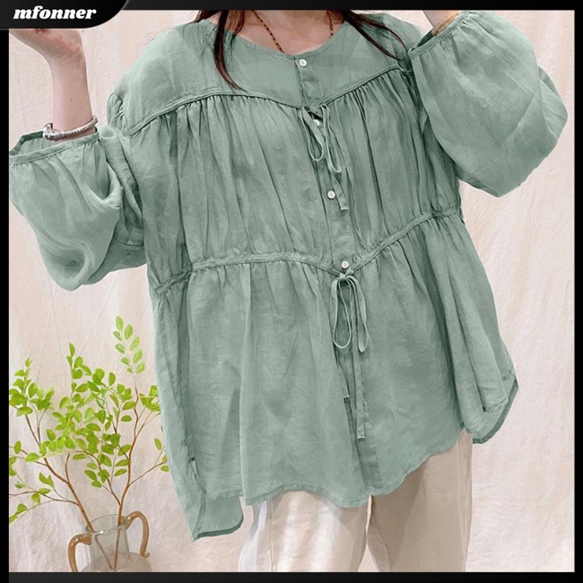 Áo Sơ Mi Tay Dài Cổ Tròn Dáng Rộng Xếp Ly Một Hàng Nút Vải Cotton Lanh Màu Trơn Thời Trang Cho Bạn Gái