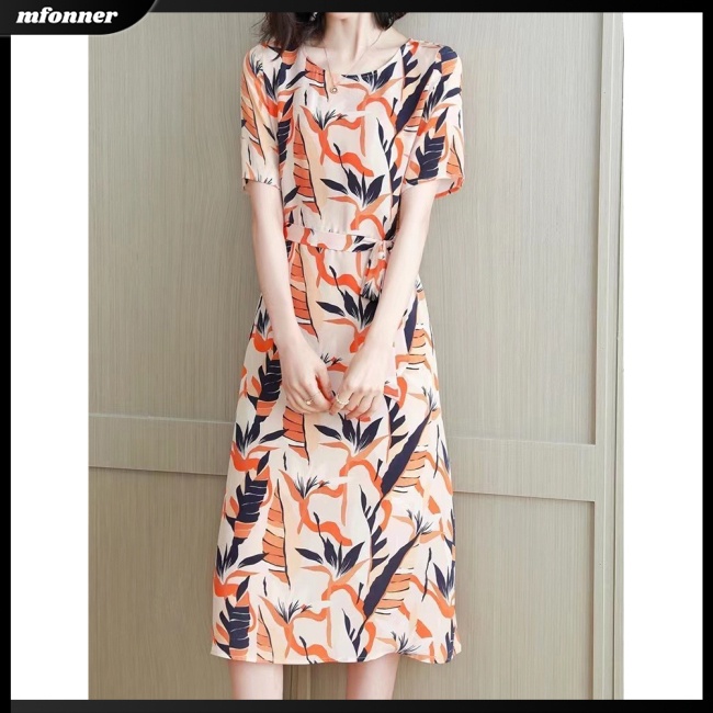 Đầm Midi Tay Ngắn Cổ Tròn Buộc Eo In Họa Tiết Lãng Mạn Thời Trang Cho Nữ