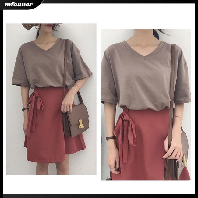 Áo Thun Tay Ngắn Cổ Chữ V Màu Sắc Đơn Giản Cho Nữ