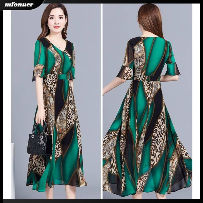 Đầm Midi Giả Lụa Mát Tay Ngắn Cổ Tròn In Họa Tiết Phong Cách Cổ Điển Thời Trang Cho Nữ