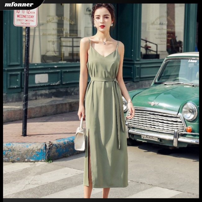 Đầm Dài Hai Dây Cổ Chữ V Kèm Thắt Lưng Thời Trang Mùa Hè Cho Nữ