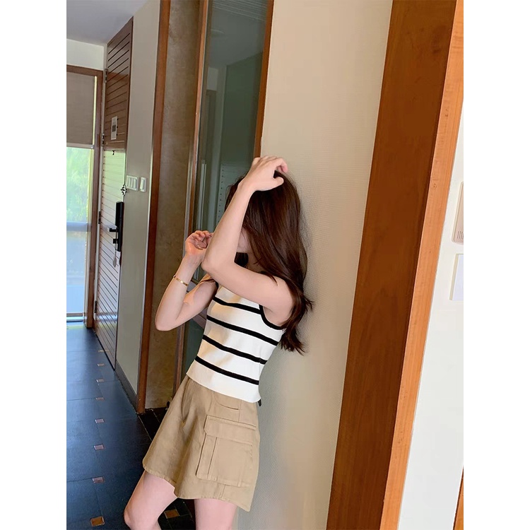 Áo Tank Top Dệt Kim Sát Nách Kẻ Sọc Đen Cá Tính Cho Nữ