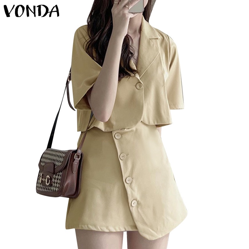 Set đồ VONDA gồm áo sơ mi cổ chữ V tay áo phồng màu trơn và chân váy lửng thời trang Hàn Quốc cho nữ