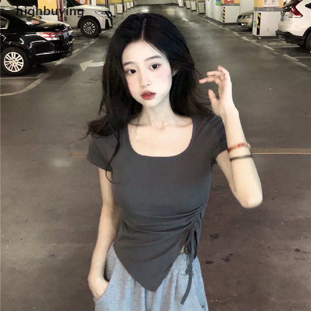 Áo Thun Tay Ngắn Cổ Vuông Màu Sắc Đơn Giản Cho Nữ