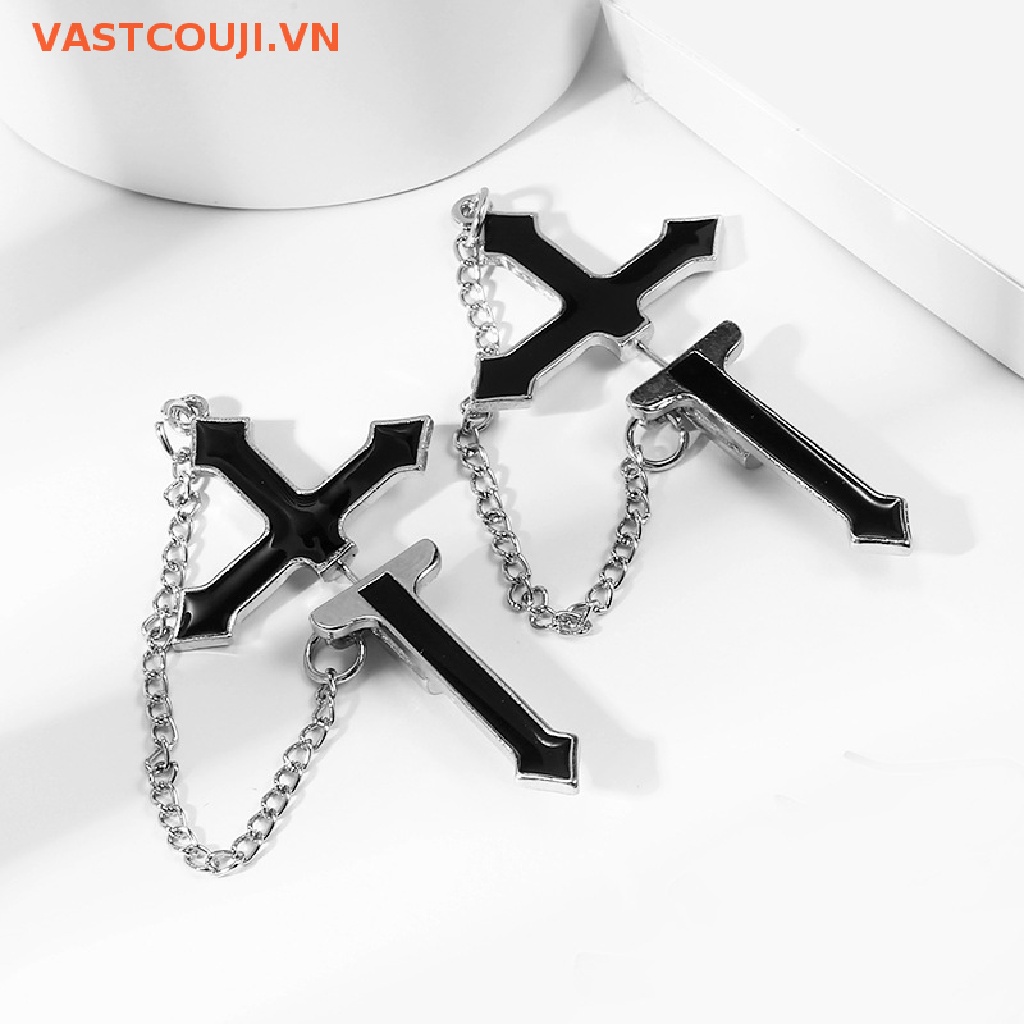 Khuyên Tai Chuỗi Dài Mặt Thánh Giá Màu Đen Phong Cách Vintage