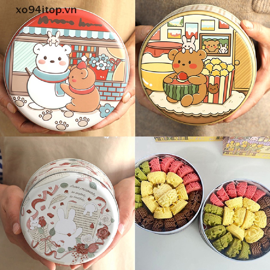 Hộp Thiếc Đựng Bánh Quy / Món Tráng Miệng Hình Tròn Cỡ Lớn In Họa Tiết Gấu / Thỏ Dễ Thương Tiện Dụng
