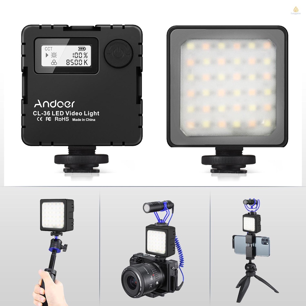 Đèn LED Andoer CL-36 Mini Hai Màu 2800K-8500K Có Thể Sạc Lại Kèm 3 Đế Gắn Màn Hình LCD Cho Máy Ảnh DSLR