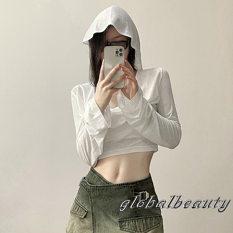 Áo Croptop Mỏng Tay Dài Màu Trơn Có Nón Phía Trước Phong Cách Đường Phố Cho Nữ