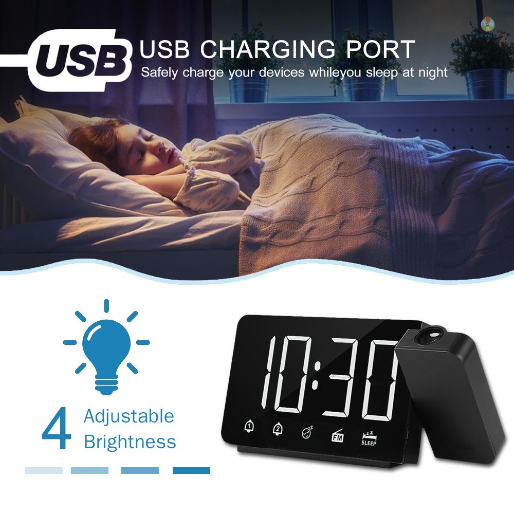 Đồng Hồ Báo Thức Chiếu 180°Đồng Hồ Báo Thức Kỹ Thuật Số 4 Mức Độ 12H / 24H Kèm Đài FM Radio Cho Phòng Ngủ