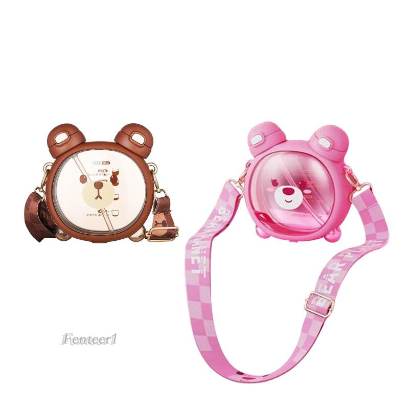 [Fenteer1] Bình Nước Di Động Họa Tiết Gấu Dễ Thương Có Ống Hút Cho Các Hoạt Động Ngoài Trời