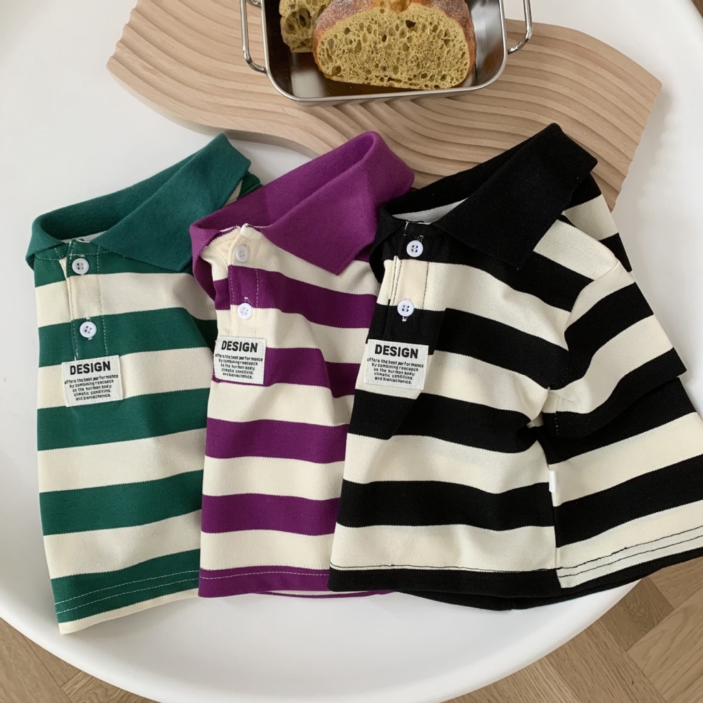 Áo Thun 100% cotton Tay Ngắn Họa Tiết Kẻ Sọc Màu Sắc Dành Cho Trẻ Em