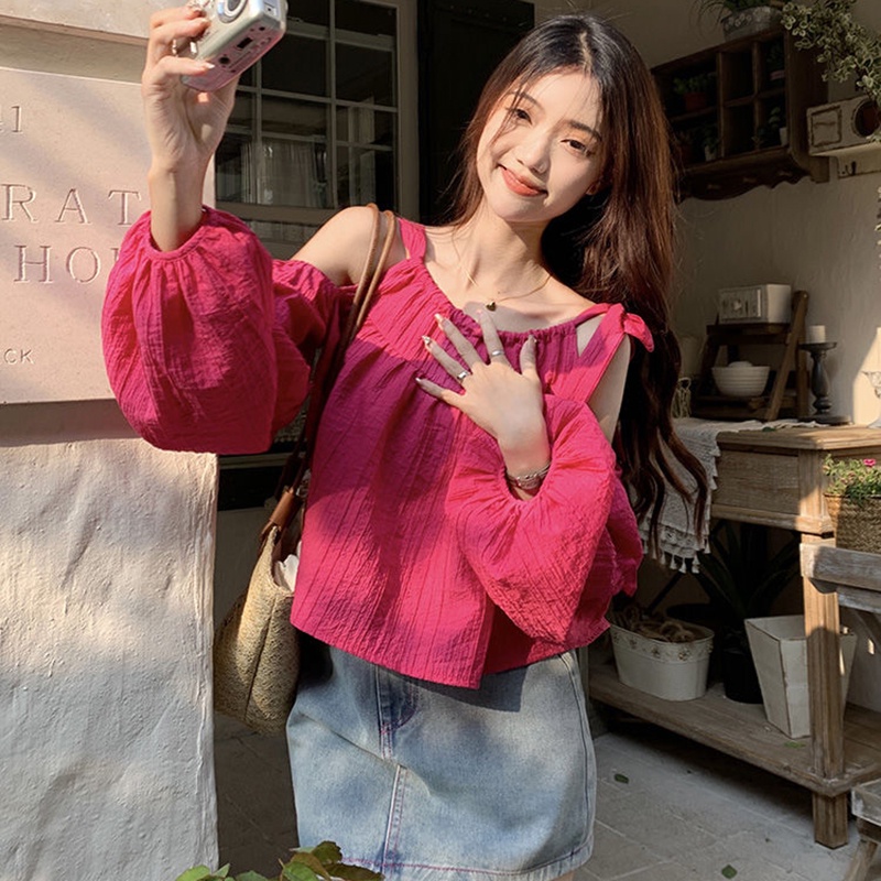 IELGY   Áo Kiểu Tay Phồng Hở Vai Dáng Ôm Thời Trang Dành Cho Nữ