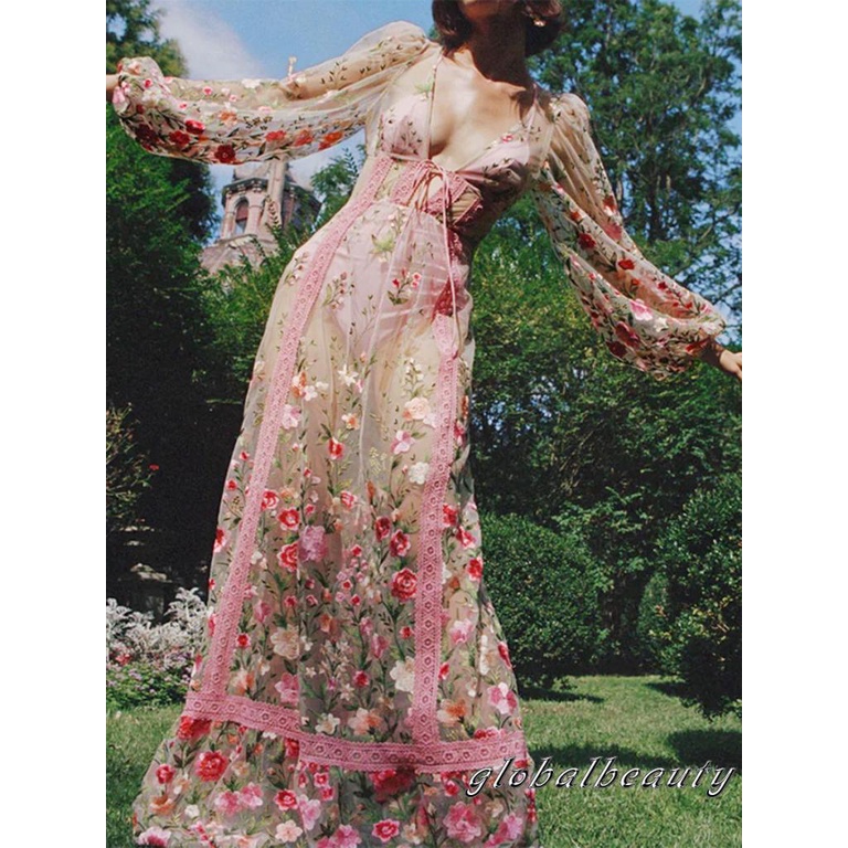 Đầm Dài Tay Cổ Chữ V Hở Lưng Họa Tiết Hoa Thời Trang Mùa Hè Cho Nữ