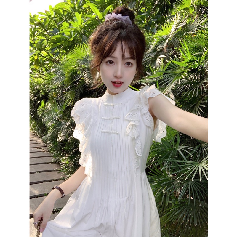 ✨ins Đầm Dáng Chữ a Tay Bay Cài Khóa Màu Trắng Phong Cách Trung Hoa Thời Trang Mùa Xuân 2023 Mới