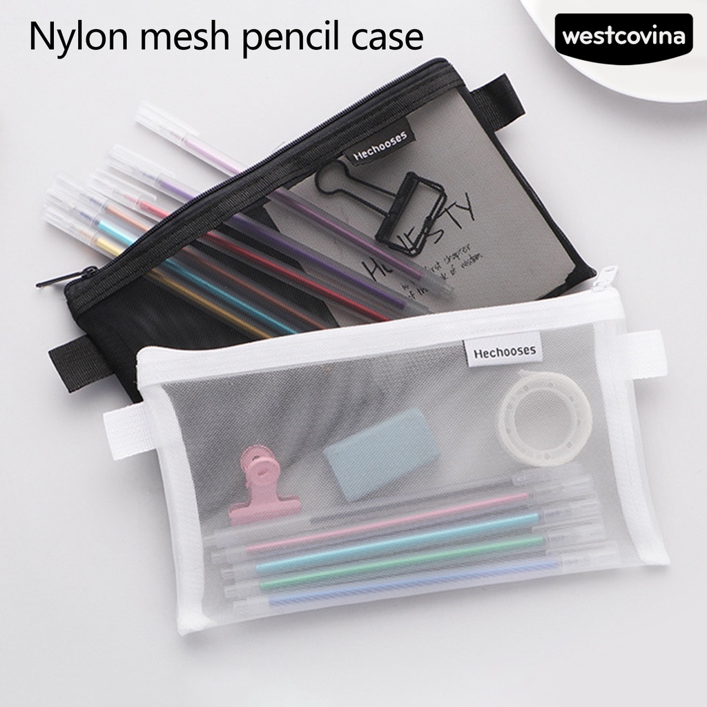 [COD]♪Túi Đựng Bút Bằng Nilon Trong Suốt Trọng Lượng Nhẹ Phối Lưới Có Khóa Kéo Tiện Dụng