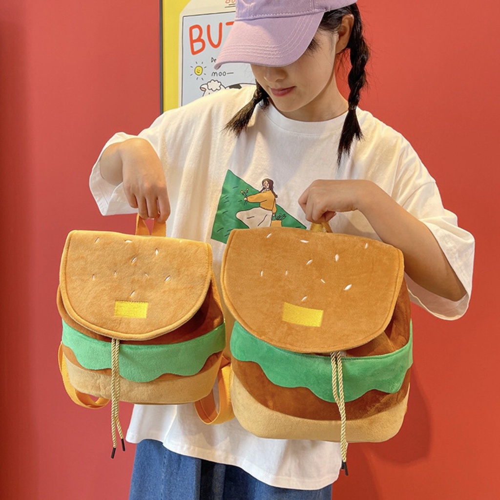Ba Lô Gấu Bông Hình Hamburger Dây Rút Dễ Thương Có 2 size