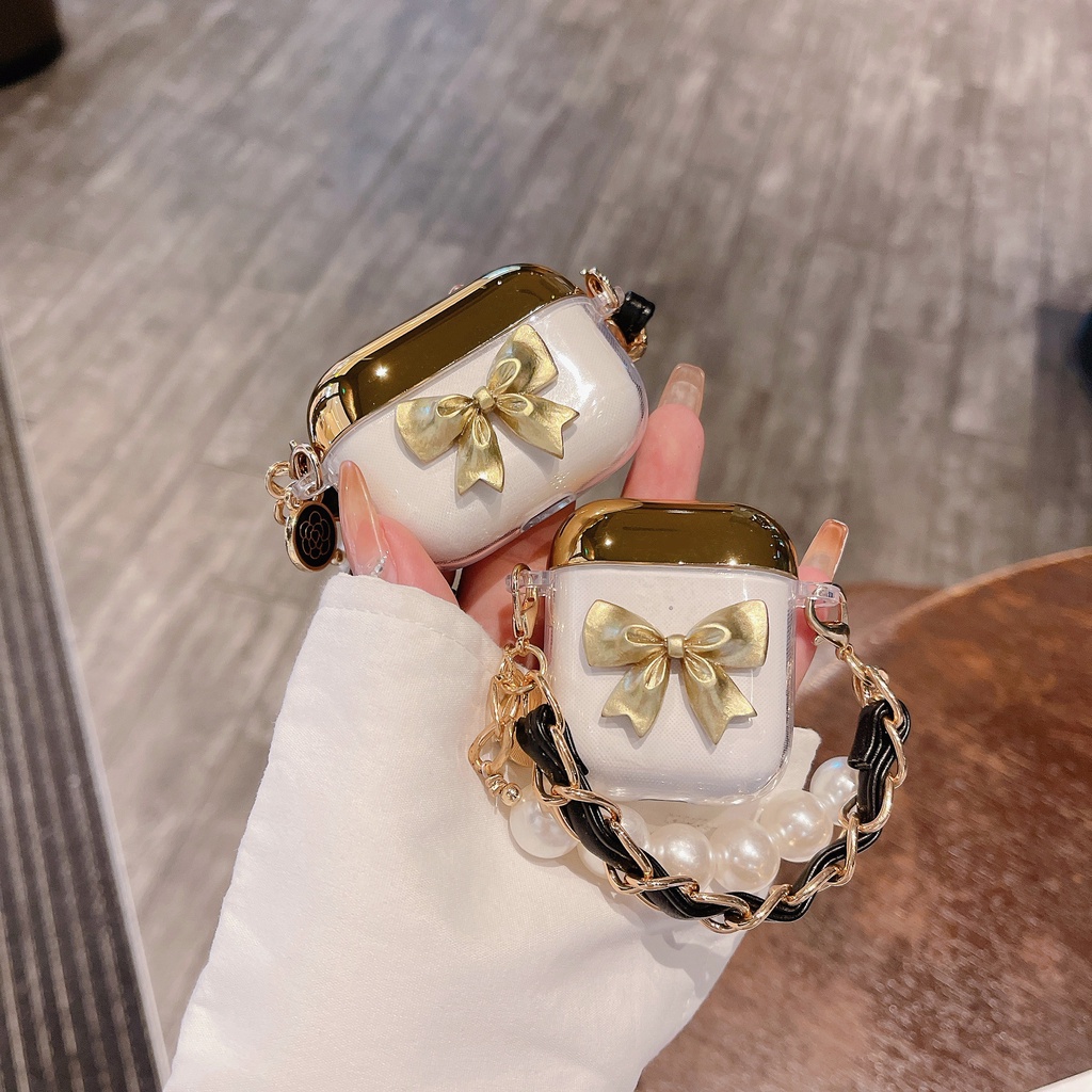 Vỏ Bảo Vệ Hộp Sạc Tai nghe không dây AirPods 1 / 2 / 3 Pro2 2022 Bằng Silicon tpu Mềm Trong Suốt Đính Nơ 3D Mạ Điện